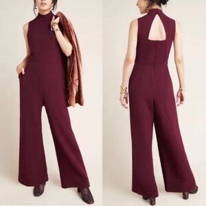Anthro Eva Franco Charley Burgundy Mock Neck Textured Wide Leg Cropped Jumpsuit
